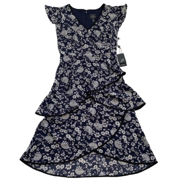 Adrianna Papell Dress Ditsy Navy Ivory Petunia Tiered Cap Sleeve Size 4 NEW - Picture 11 of 15